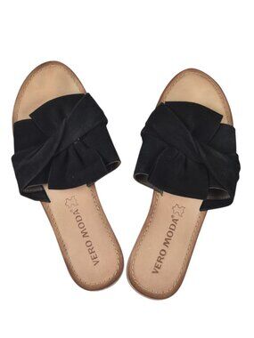 Vero Moda Sandals Black Suede Bow Slides Size 8